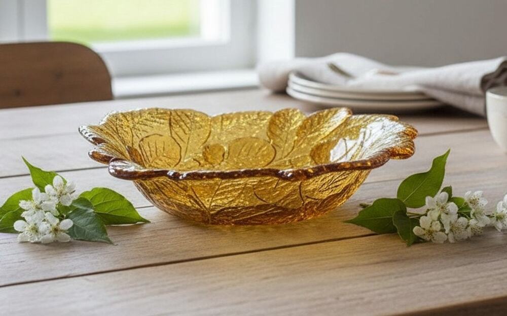 Vintage Indiana Glass Amber Raised Leaf Serving Dish Bowl 7.25" Candy Nut MCM